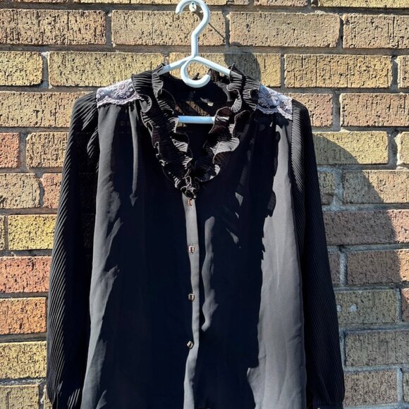 Vintage Black Ruffle Blouse with Lace Shoulder Detail - Picture 4 of 4